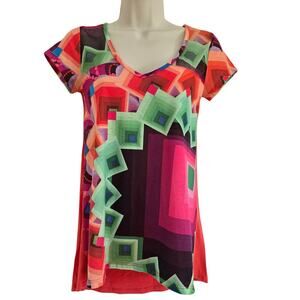 Desigual Y2K Geometric Print Tunic Mesh Top T-shirt Pink Size XS avantgarde